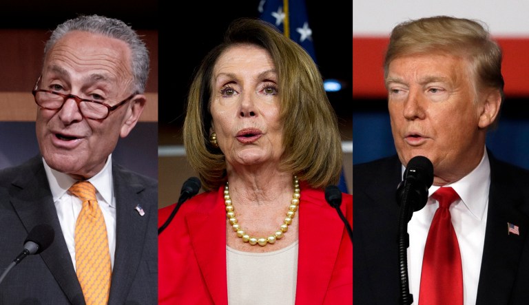 Sen. Chuck Schumer, Rep. Nancy Pelosi, and President Trump are shown.