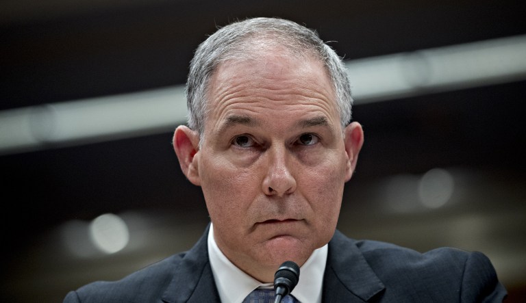 Scott Pruitt, administrator of the Environmental Protection Agency (EPA), listens during a Senate Appropriations Subcommittee hearing in Washington, D.C., U.S., on Wednesday, May 16, 2018. Pruitt faced intense criticism in his first Senate testimony since a crush of ethical allegations that have put his job in jeopardy.