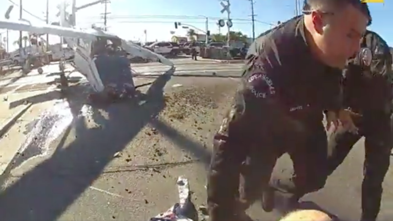 LAPD narrowly rescues pilot from plane on train tracks before collision