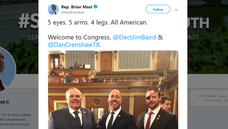 Five eyes, five arms, four legs, three congressmen: Combat veteran welcomes new lawmakers
