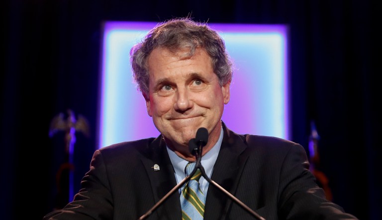 Sen. Sherrod Brown, D-Ohio, reacts as he speaks to the audience during the Ohio Democratic Party election night watch party, Tuesday, Nov. 6, 2018, in Columbus, Ohio.