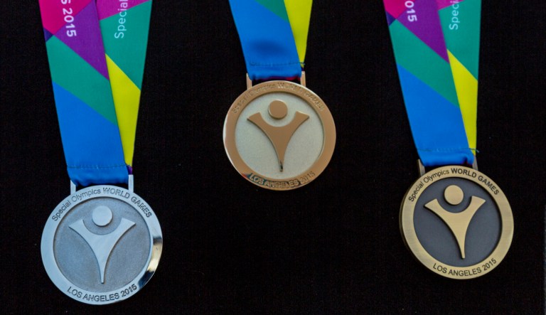 The 2015 Special Olympics World Games medals are unveiled to mark 100 days away to the 2015 Special Olympics World Games at the LA84 Foundation in Los Angeles Thursday, April 16, 2015.