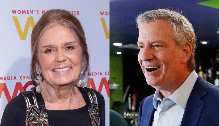 Gloria Steinem and Bill de Blasio are pictured.