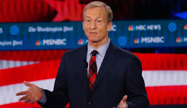 Democratic presidential candidate investor Tom Steyer speaks in a Democratic presidential primary debate, Wednesday, Nov. 20, 2019, in Atlanta.