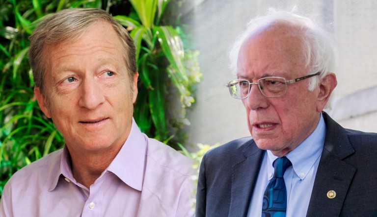 Tom Steyer and Bernie Sanders are seen.