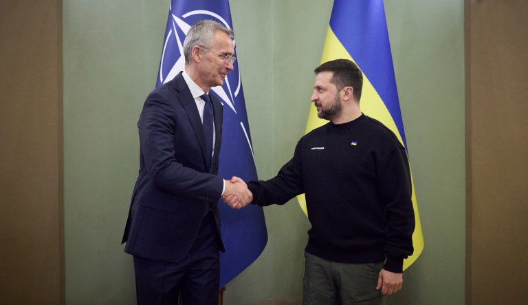 In this photo provided by the Ukrainian Presidential Press Office, NATO Secretary General Jens Stoltenberg, left, is greeted by Ukrainian President Volodymyr Zelensky, in Kyiv, Ukraine, Thursday, April 20, 2023. 