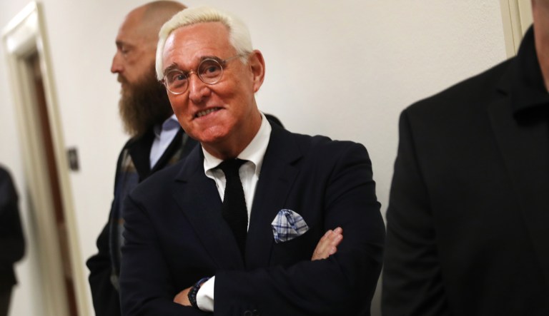 FILE: Roger Stone, former adviser to Donald Trump's presidential campaign, stands outside beforeÂ a House Judiciary Committee hearing with Sundar Pichai, chief executive officer of Google Inc., not pictured, in Washington, D.C., U.S., on Tuesday, Dec. 11, 2018. Stone, a longtime Republican strategist and sometime confidant of President Donald Trump, was arrested in Florida on Friday after being indicted in Special Counsel Robert Muellerâs probe into possible coordination between the Trump campaign and Russia before the 2016 U.S. election. Stone, 66, is facing seven counts: one count of obstruction of an official proceeding, five counts of false statements, and one count of witness tampering, according to the U.S. Justice Department.