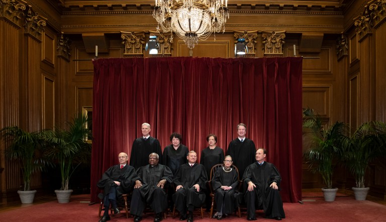 The justices of the U.S. Supreme Court gather for a formal group portrait to include a new Associate Justice, top row, far right, at the Supreme Court Building in Washington, Friday, Nov. 30, 2018. Seated from left: Associate Justice Stephen Breyer, Associate Justice Clarence Thomas, Chief Justice of the United States John G. Roberts, Associate Justice Ruth Bader Ginsburg and Associate Justice Samuel Alito Jr. Standing behind from left: Associate Justice Neil Gorsuch, Associate Justice Sonia Sotomayor, Associate Justice Elena Kagan and Associate Justice Brett M. Kavanaugh.