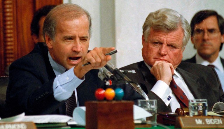 Then-Senate Judiciary Committee Chairman Joe Biden, D-Del., points angrily at Clarence Thomas during comments at the end of hearings on Thomas' nomination to the Supreme Court on Capitol Hill.