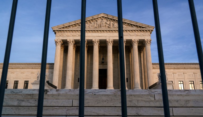 The Supreme Court is shown, Monday, April 6, 2020 in Washington. The Supreme Court on Monday rejected an appeal from the Catholic church in Washington, DC, that sought to place religious-themed ads on public buses. 