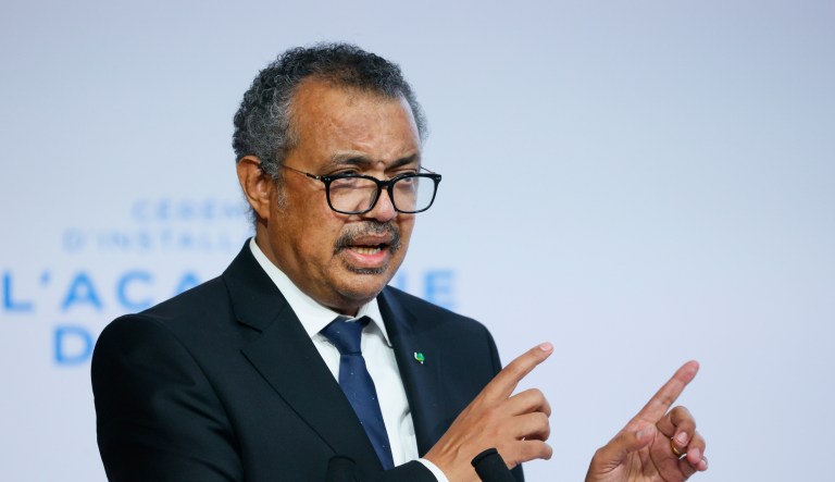 WHO Director-General Tedros Adhanom Ghebreyesus speaks during the opening of the World Health Organization Academy in Lyon, France, on Monday, Sept. 27, 2021.
