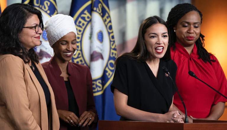 From left, Rep. Rashida Tlaib, D-Mich., Rep. Ilhan Omar, D-Minn., Rep. Alexandria Ocasio-Cortez, D-N.Y., and Rep. Ayanna Pressley, D-Mass., respond to base remarks by President Donald Trump after his call for the four Democratic congresswomen of color to go back to their "brokenâ countries, as he exploited the nationâs glaring racial divisions once again for political gain, during a news conference at the Capitol in Washington, Monday, July 15, 2019. All are American citizens and three of the four were born in the U.S.                                                                                                              