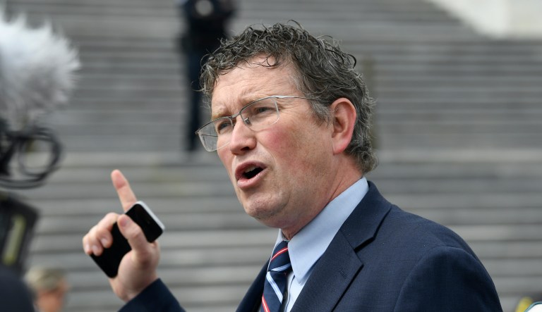 Conservative House Republican, Rep. Thomas Massie, R-Ky., leaves after speaking to reporters at the Capitol where he blocked a unanimous consent vote on a long-awaited $19 billion disaster aid bill in the chamber on Tuesday, May 28, 2019. 