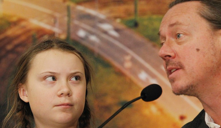 Swedish 15-year old climate activist, Greta Thunberg and her father Svante attend a press conference during the Climate Change Conference COP24 in Katowice , Poland, Tuesday, Dec. 4, 2018.