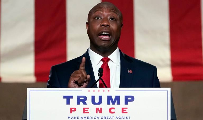 Sen. Tim Scott, R-S.C., accompanied by Republican Senators speaks at a news conference to announce a Republican police reform bill on Capitol Hill, Wednesday, June 17, 2020, in Washington.                 
