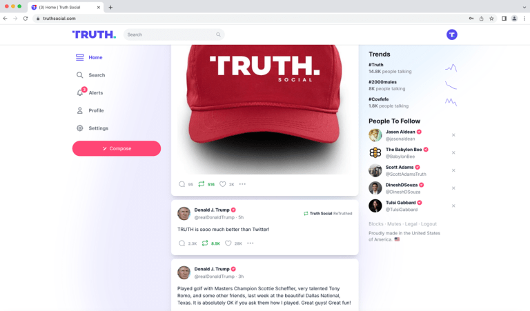 Screenshot of the Truth Social Web app, which is currently available as of May 19. 