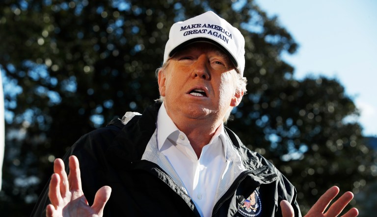 President Donald Trump speaks to the media as he leaves the White House, Thursday Jan. 10, 2019, in Washington, en route for a trip to the border in Texas as the government shutdown continues.