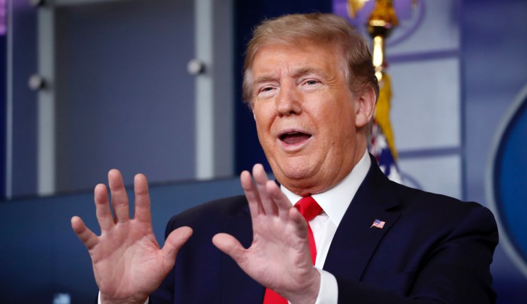 President Donald Trump accompanied by Senate Majority Leader Mitch McConnell, KY, left, arrives for a Senate Republican Policy lunch on Capitol Hill, Tuesday, May 15, 2018.