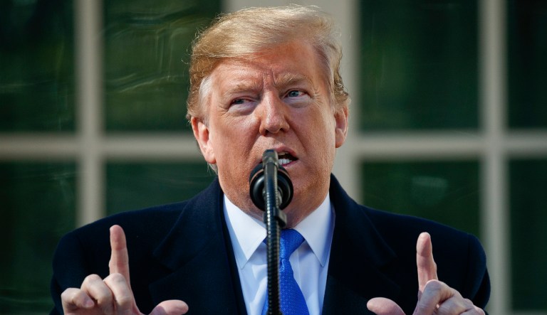 FILE - In this Friday, Feb. 15, 2019, file photo, President Donald Trump declares a national emergency in order to build a wall along the southern border during an event in the Rose Garden at the White House in Washington.