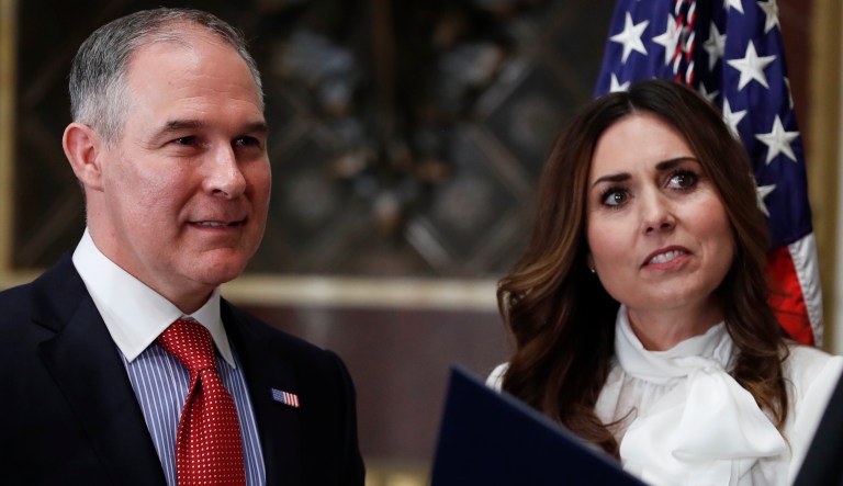 Supreme Court associate justice Samuel Alito, right, swears in Scott Pruitt as the Environmental Protection Agency Administrator in the Eisenhower Executive Office Building in the White House complex in Washington, Friday, Feb. 17, 2017. Holding the bible is Marlyn Pruitt, wife of Scott Pruitt, and their son Cade Pruitt is standing second from right.