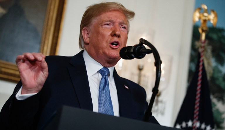 President Donald Trump speaks about the mass shootings in El Paso, Texas and Dayton, Ohio, in the Diplomatic Reception Room of the White House, Monday, Aug. 5, 2019, in Washington.