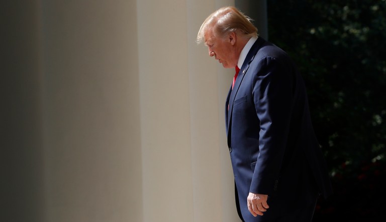 President Donald Trump walks out to speak before signing H.R. 1327, an act ensuring that a victims' compensation fund related to the Sept. 11 attacks never runs out of money, in the Rose Garden of the White House, Monday, July 29, 2019, in Washington.