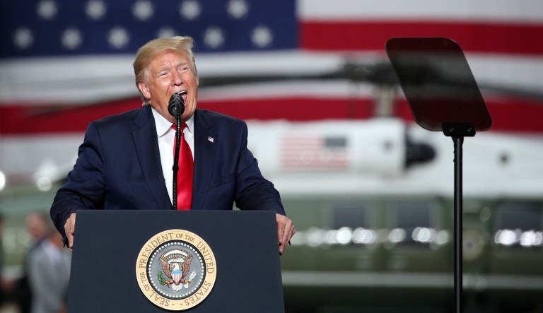 U.S. President Donald Trump addresses U.S. military personnel at Osan air base in Pyeongtaek, South Korea, on Sunday, June 30, 2019. TrumpÂ andÂ Kim Jong UnÂ agreed to restart nuclear talks after an hour-long meeting Sunday which saw Trump become the first American leader to set foot in North Korea while in office.