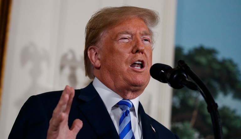 President Donald Trump delivers a statement on the Iran nuclear deal from the Diplomatic Reception Room of the White House, Tuesday, May 8, 2018, in Washington. Trump announced the U.S. will pull out of the landmark nuclear accord with Iran, dealing a profound blow to U.S. allies and potentially deepening the president's isolation on the world stage. 