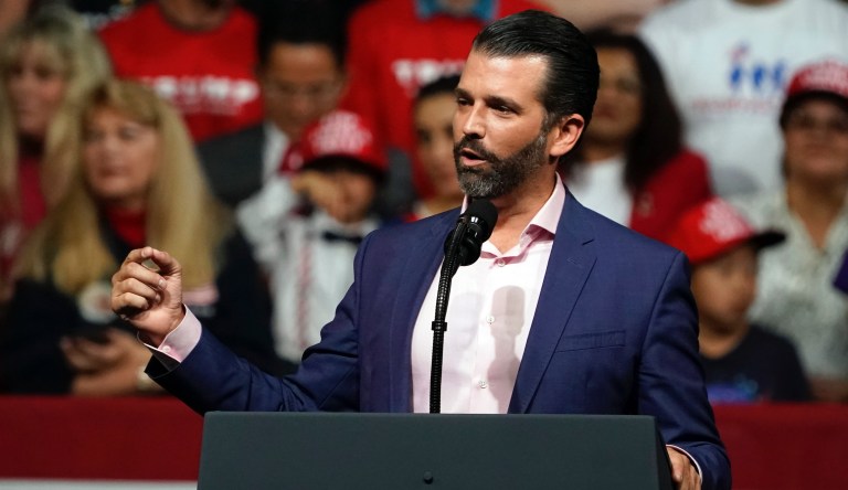Donald Trump Jr. speaks at a rally before his dad and President Donald Trump appears Wednesday, Feb. 19, 2020 in Phoenix. 