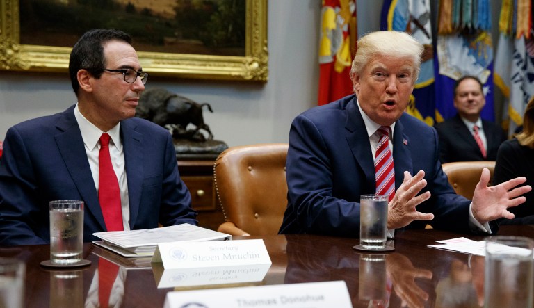 President Trump directed Treasury Secretary Steven Mnuchin to design a financial aid program for oil companies with Energy Secretary Dan Brouillette (not pictured).