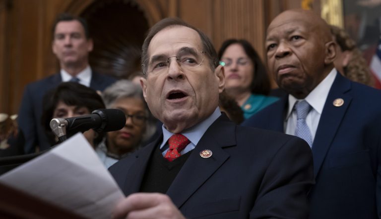 In this Jan. 4, 2019, file photo, Rep. Jerry Nadler, D-N.Y., chairman of the House Judiciary Committee, joined at right by Rep. Elijah Cummings, D-Md., chairman of the House Committee on Oversight and Reform, speaks to House Democrats.