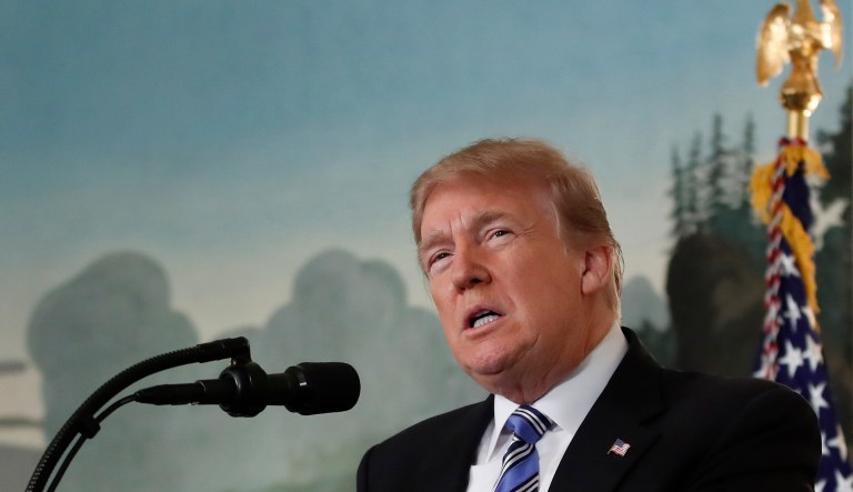 President Donald Trump speaks in the Diplomatic Room at the White House, in Washington, Thursday, Feb 15, 2018, about the tragic school shooting in Parkland, Fla.