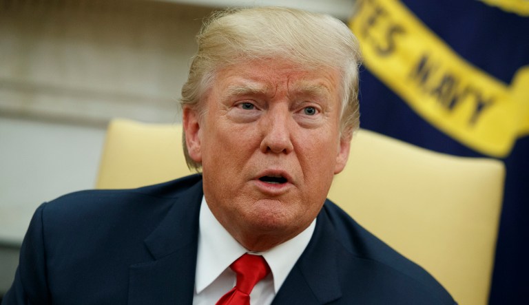 President Donald Trump speaks to reporters during a meeting with Finnish President Sauli Niinisto in the Oval Office of the White House in Washington, Monday, Aug. 28, 2017.