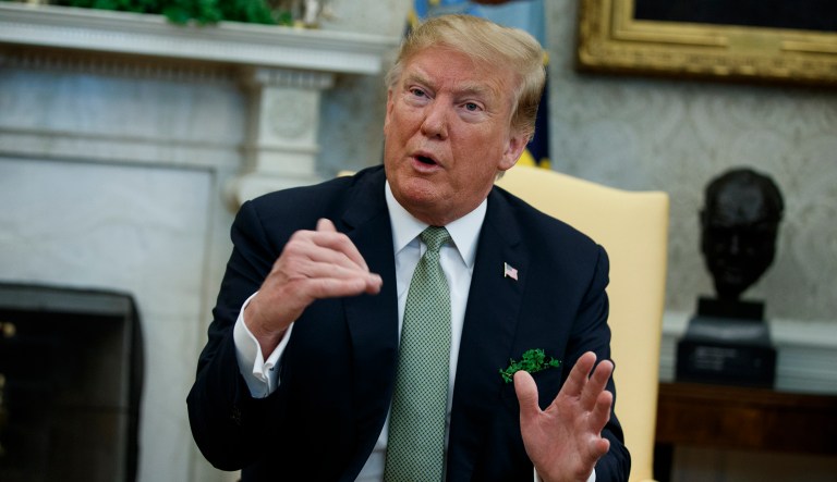 President Donald Trump speaks during a meeting with Irish Prime Minister Leo Varadkar in the Oval Office of the White House, Thursday, March 14, 2019, in Washington.