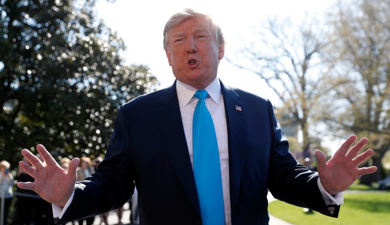 President Donald Trump speaks to members of the media on the South Lawn of the White House in Washington, before boarding Marine One helicopter, Wednesday, April 10, 2019.