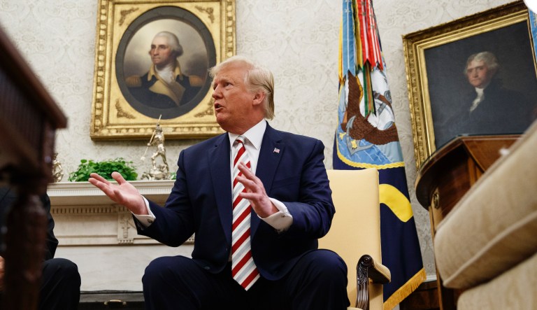 President Donald Trump speaks during a meeting with Romanian President Klaus Iohannis in the Oval Office of the White House, Tuesday, Aug. 20, 2019, in Washington.