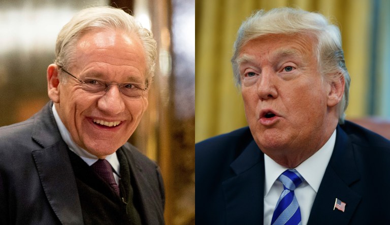 Bob Woodward (left) and President Trump are pictured.