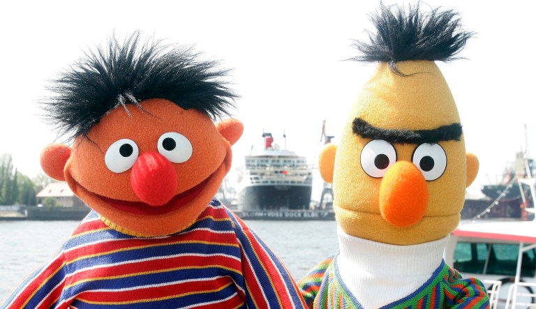 Ernie and Bert of âSesame Streetâ pose in front of the Queen Mary II in the harbor of Hamburg, Germany, on May 9, 2006.