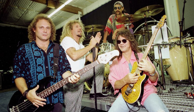 This Jan. 17, 1993 file photo shows the band Van Halen, from left, Michael Anthony, bass guitar, Sammy Hagar, lead singer, Alex Van Halen, drums, and Eddie Van Halen, lead guitar in Los Angeles. 