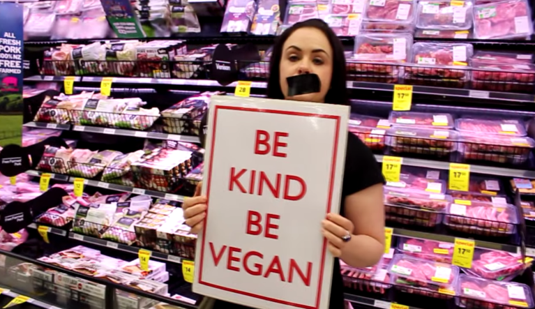 Vegans protested a supermarket in New Zealand.