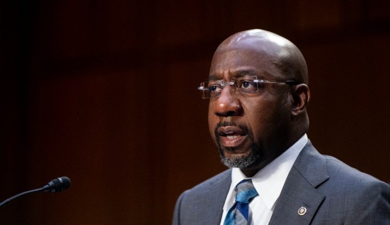 Sen. Raphael Warnock testifies during a Senate Judiciary Committee hearing on voting rights on Capitol Hill in Washington, Tuesday, April 20, 2021. 