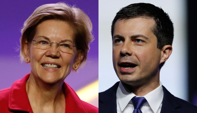 Pictured are Elizabeth Warren, left, and Pete Buttigieg, right.