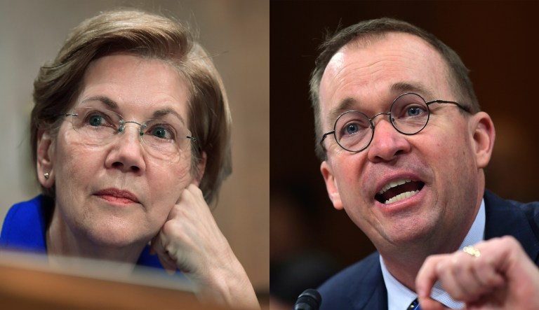 Elizabeth Warren and Mick Mulvaney.