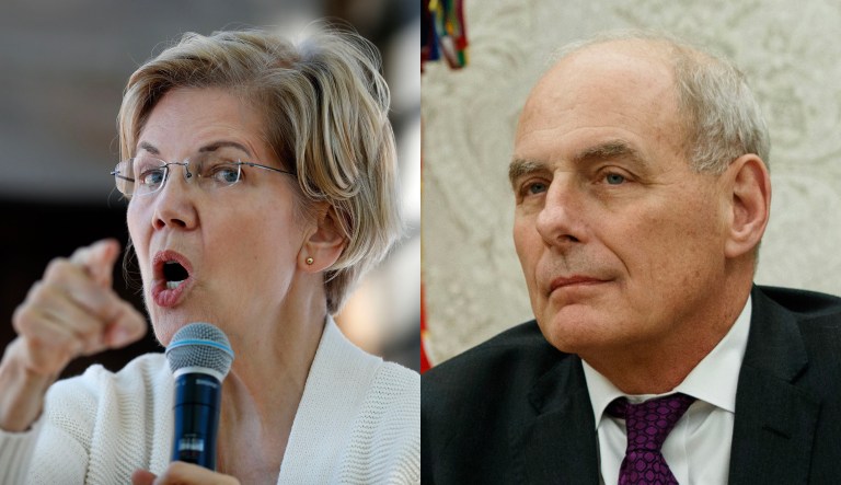 Elizabeth Warren and John Kelly are pictured.