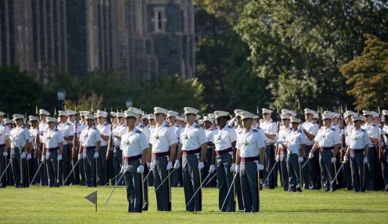 West Point cadets stand for a Pass-in-Review ceremony at the United States Military Academy, Saturday, Sept. 21, 2019, in West Point, N.Y. 