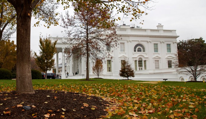 Fall foliage covers the North Lawn of the White House, Wednesday, Nov. 20, 2019, in Washington, as a public impeachment hearing of President Donald Trump's efforts to tie U.S. aid for Ukraine to investigations of his political opponents begins.
