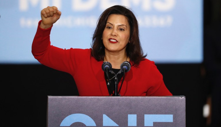 Gretchen Whitmer, the Democratic gubernatorial candidate, speaks during a rally in Detroit Friday, Oct. 26, 2018.