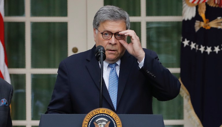 Attorney General Barr William Barr speaks at the Securities and Exchange Commission (SEC) Criminal Coordination Conference, Thursday, Oct. 3, 2019, at the SEC in Washington.