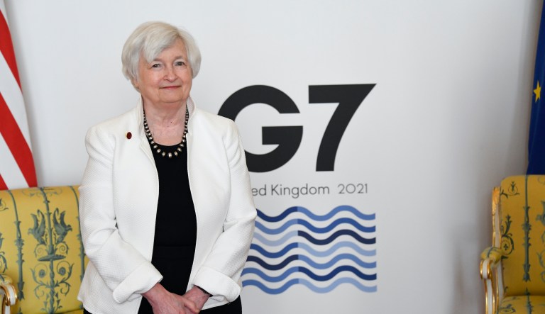 US Treasury Secretary, Janet Yellen poses for photographs as finance ministers from across the G7 nations meet at Lancaster House, in London, Saturday, June 5, 2021 ahead of the G7 leaders' summit. 