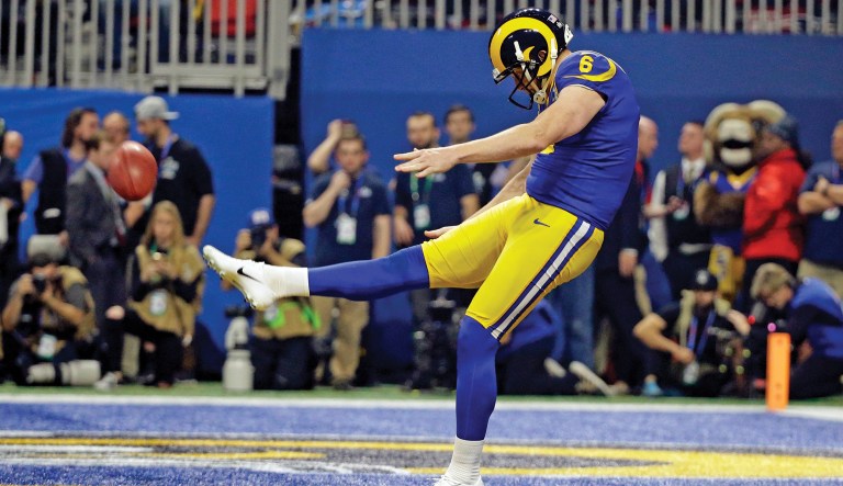 Los Angeles Rams' Johnny Hekker (6) makes a 65-yard punt during the second half of the NFL Super Bowl 53 football game against the New England Patriots, Sunday, Feb. 3, 2019, in Atlanta.
